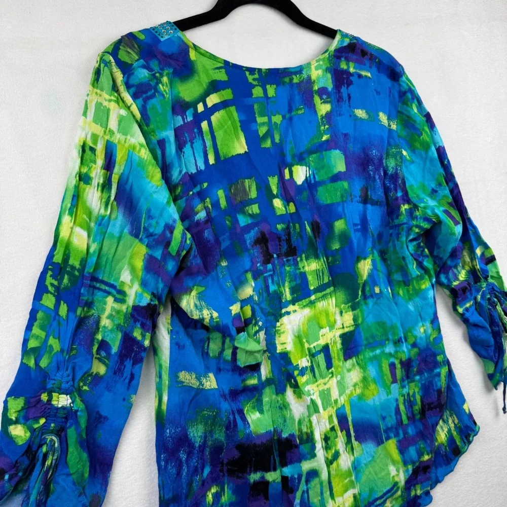 Joseph Ribkoff Blue‎ Green Print Embellished V-Neck 3/4 Sleeve Blouse Top 10